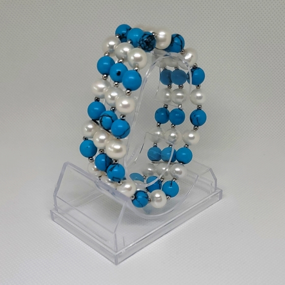 Danbury Mint Pearl & Turqoise Bead Sterling Silver Bracelet - Picture 1 of 5